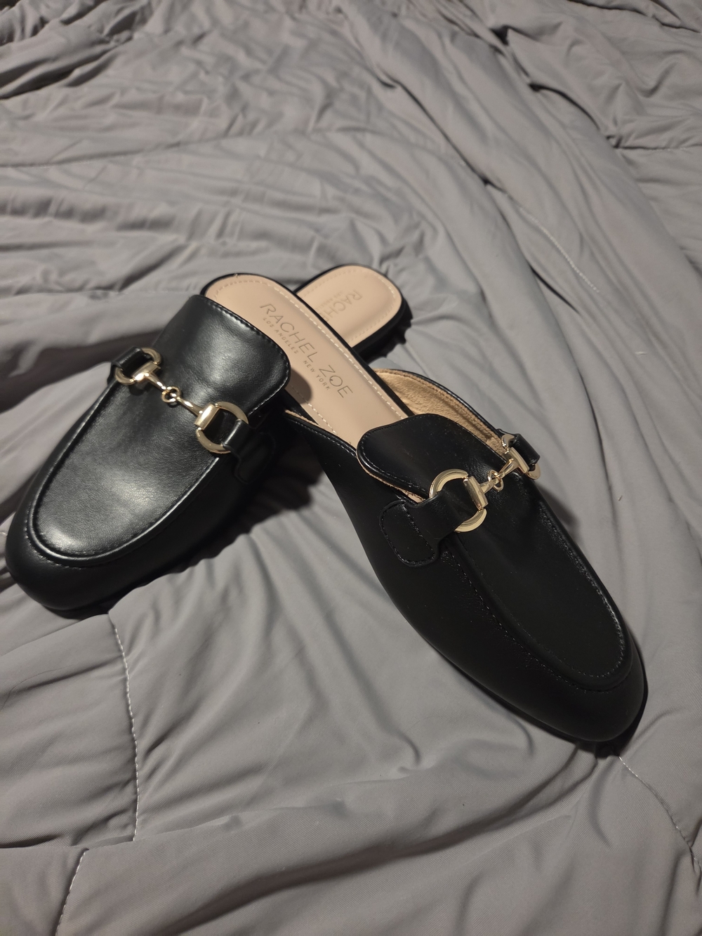 New Rachel Zoe Black Leather Slip-On Mule with Gold Horsebit